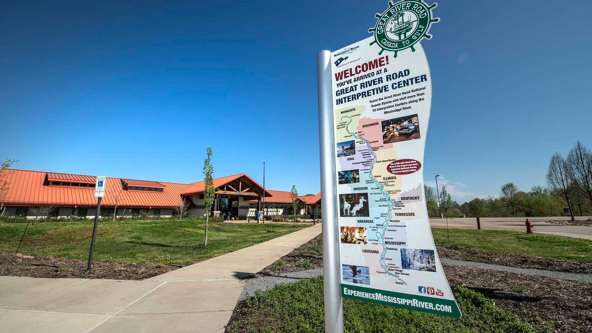 Interpretive Center sign outside Mississippi River State Park visitors center Marianna Arkansas