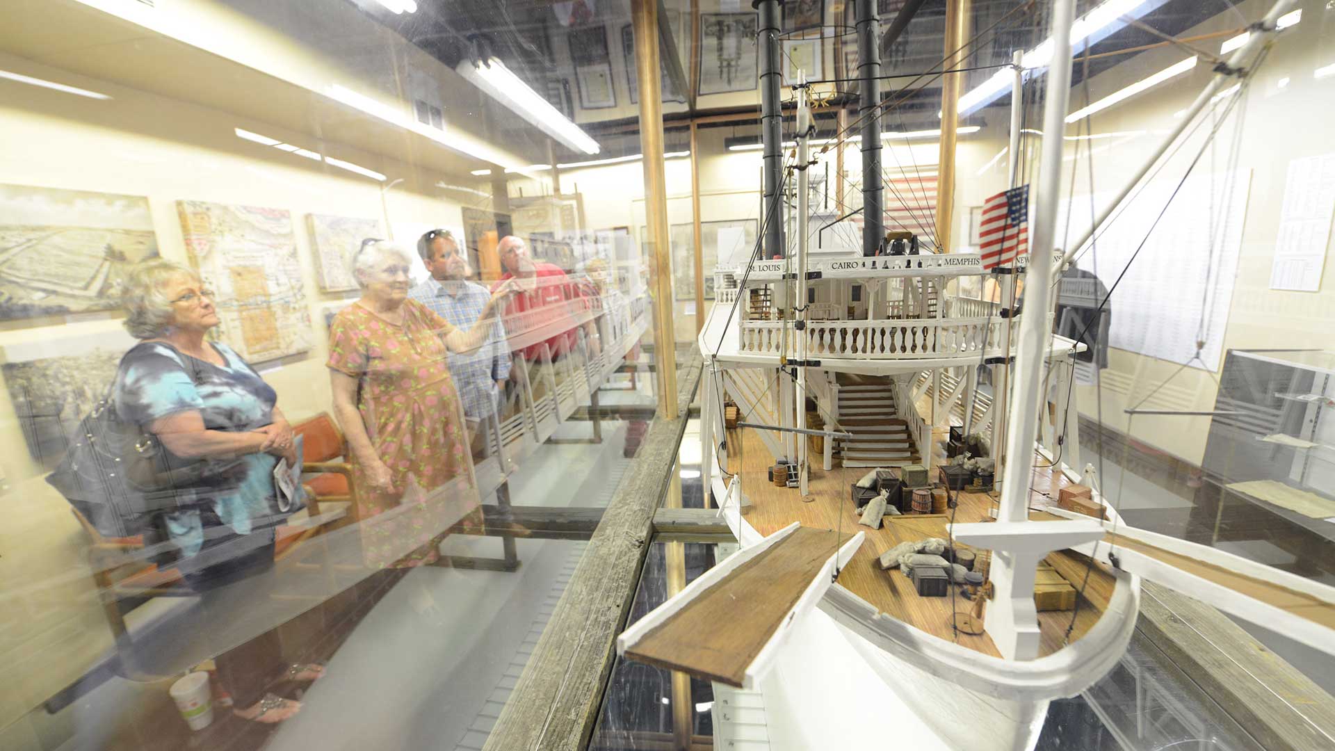 Group of people looking at exhibits at the Sultana Disaster Museum in Marion, Arkansas