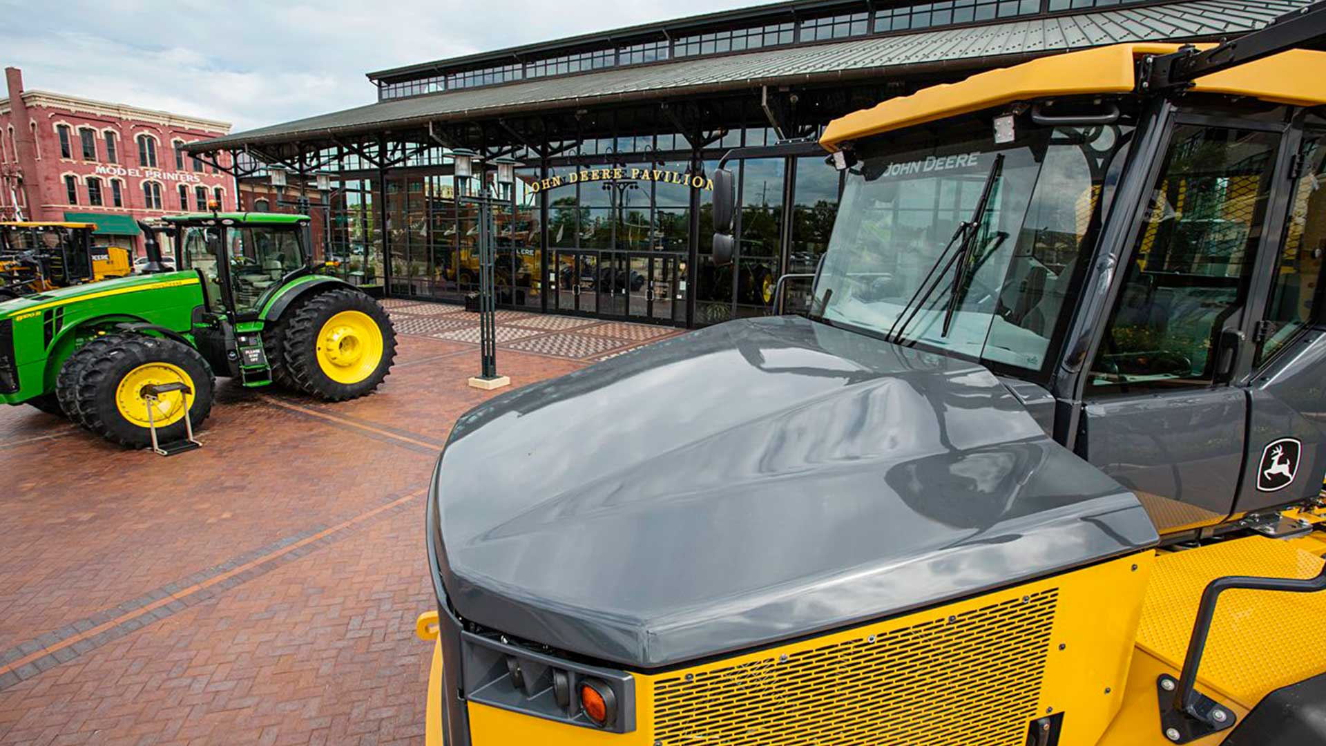 Farm equipment parked outside the John Deere Pavilion in Moline Illinois along the Great River Road